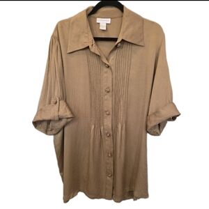 VTG Soft Surroundings Silk Bronze Blouse Top Size XL Button Up Pin Tuck Pleats